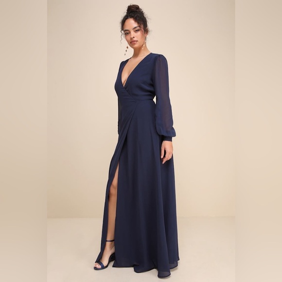 NWT Lulus My Whole Heart Dark Navy Blue Long Sleeve Wrap Dress w/ Button Cuffs M - Picture 2 of 16